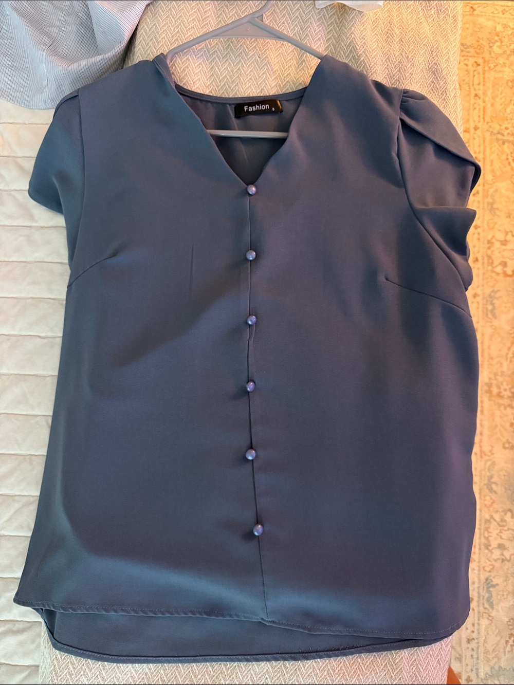 Navy/Grey Button-Front V-Neck Blouse